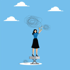 Problem prioritization, focusing on core problem, cutting out unimportant matters to relieve stress concept, Businesswoman cutting small messy lines out of biggest one above his head