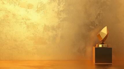 A golden trophy displayed on a sleek surface with a textured wall background, symbolizing achievement and recognition in any field.