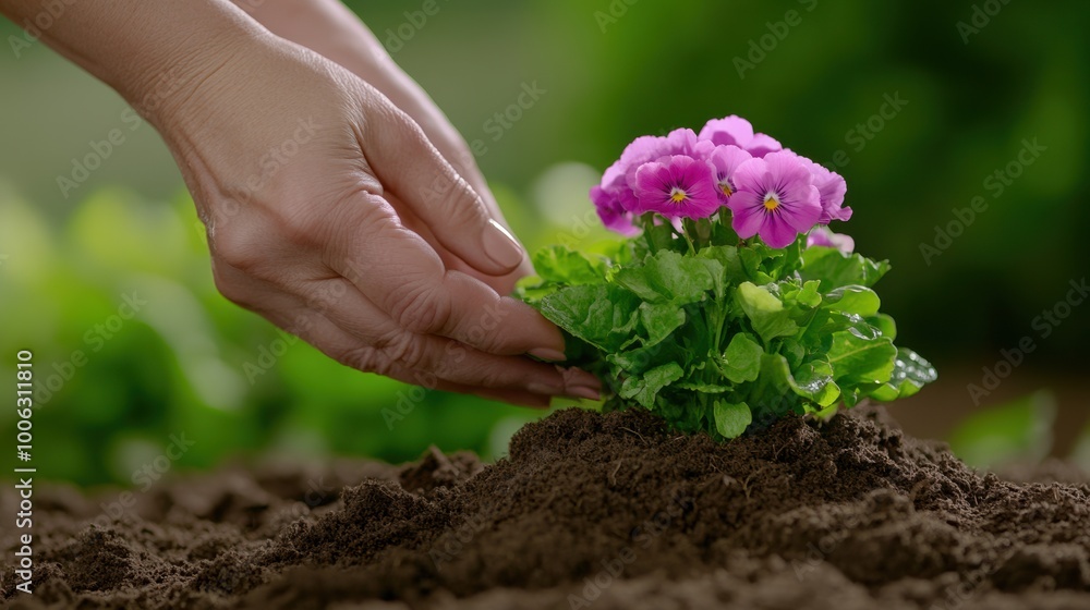 Wall mural A person is planting a flower in the dirt with their hand, AI