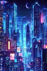 An isometric illustration of a sprawling futuristic city skyline at night.