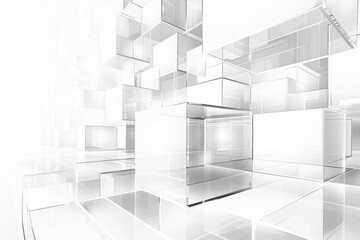 Abstract white background with transparent glass cubes and geometric shapes art.