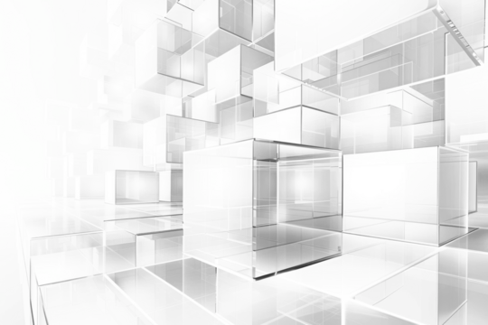 Abstract white background with transparent glass cubes and geometric shapes art.