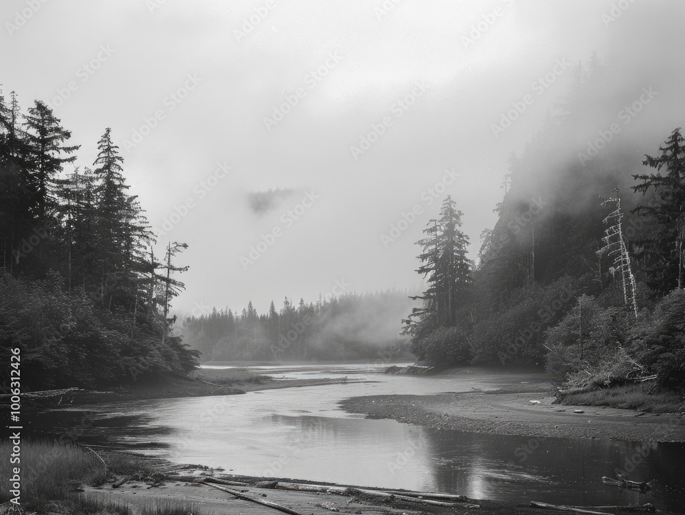 Poster a mystical forest lake at dawn with fog and mist creating a serene, tranquil atmosphere.