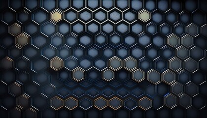 Dark Geometric Hexagonal Texture: A close-up view of a matte black hexagonal grid pattern, with a subtle metallic sheen that catches light at various angles. The hexagons are evenly spaced and aligned