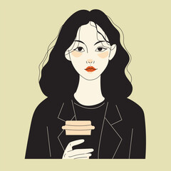A young woman holds paper coffee cup.Vector girl in modern asian style.