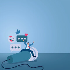 A man standing on a microphone surrounded by chat and like icons, illustration for public relations, company announcements, promotional media, sales announcements.