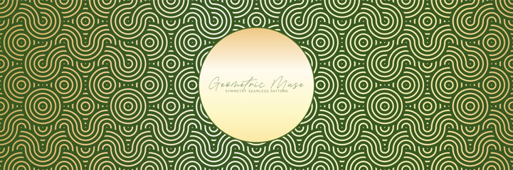 Green and gold circular wavy geometric seamless pattern. Decorative Texture for Chinese New Year and Lunar Year Celebration of Green Snake Year. Elegant Asian ornament for luxury decor and textile.