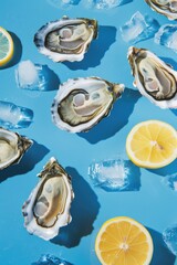 Seafood and lemon slices on a blue background, showcasing freshness and culinary theme.