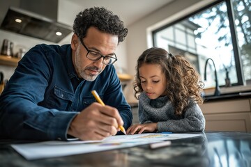 A dedicated father assists his daughter with her homework in a cozy kitchen, fostering learning and creativity during a relaxing afternoon
