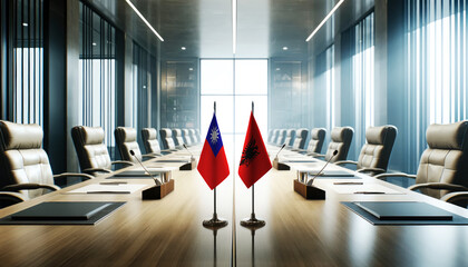 A modern conference room with Taiwan and Albania flags on a long table, symbolizing a bilateral meeting or diplomatic discussions between the two nations.