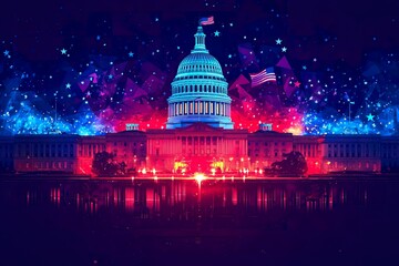U.S. Capitol building illuminated with colorful lights at night