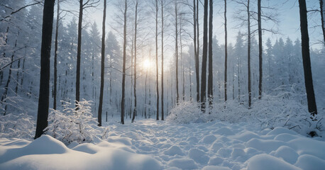 A snow-covered forest clearing at dawn, where fresh snow is piled on the ground and branches, with soft sunlight peeking through the trees and snowflakes still drifting through the air.