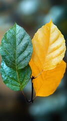Green and yellow leaves, summer and autumn, change of seasons