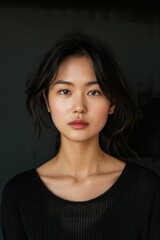 Fototapeta premium Serious portrait of an Asian woman with long hair, captured indoors in soft lighting, conveying deep thoughts and emotions