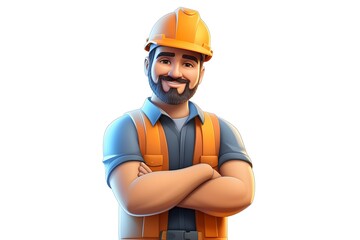 3D avatar of a builder in a work uniform and helmet on a white background, ideal for construction, labor, and industrial-themed projects.