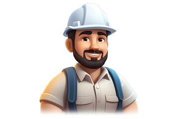 3D avatar of a builder in a work uniform and helmet on a white background, ideal for construction, engineering, and safety-related visuals.