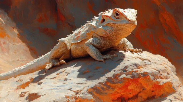 A lizard basking on a rock in a warm, colorful environment. - Powered by Adobe