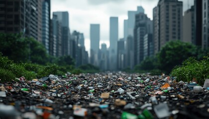 Polluted urban park with litter and waste, neglected environment, 3D illustration