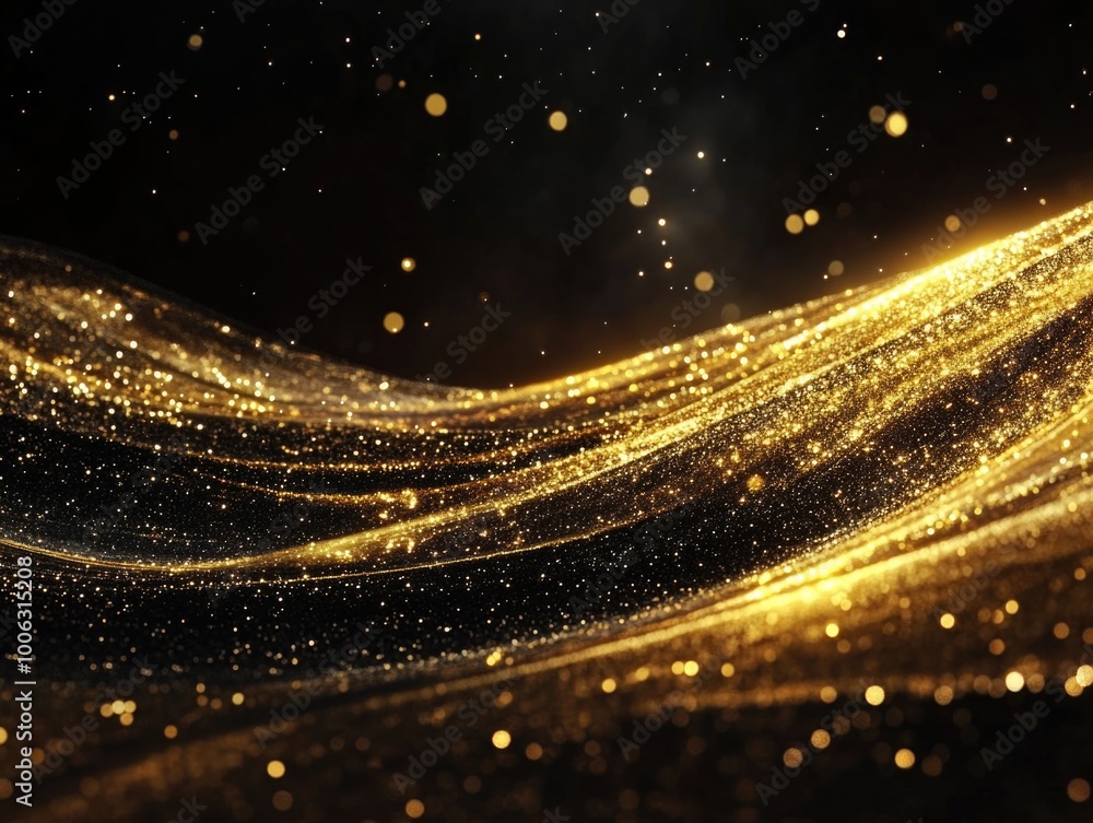 Poster shiny golden particles flowing together in motion blur with bokeh effects.