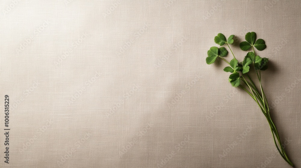 Poster a green clover sprig rests on a soft linen tablecloth, bathed in natural light, creating a simple an