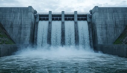 Hydroelectric dam with water rushing through, energy from natural resources, 3D illustration