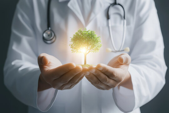 A doctor holds a glowing tree symbolizing health and sustainability, representing the intersection of medicine and nature.