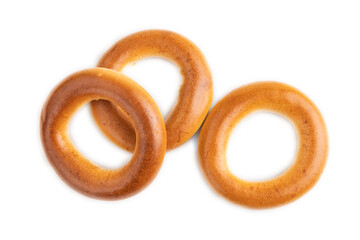 Homemade Ring Bagel isolated on white, top view.