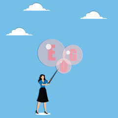 Reducing ego, cultivating humility, recognizing value in different perspective, being open to feedback and constructive criticism, Businesswoman deflating speech bubble of word EGO with needle