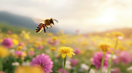 Bees pollinating flowers in a sustainable farm, biodiversity, 3D illustration