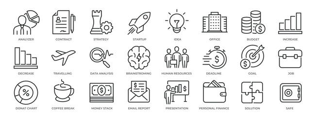 Business simple minimal thin line icons. Related corporate, finance, strategy, employee. Editable stroke. Vector illustration.