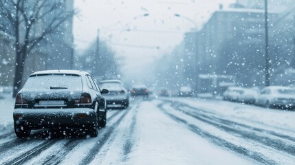 Heavy snowstorm burying a city, cars and streets covered in snow, 3D illustration