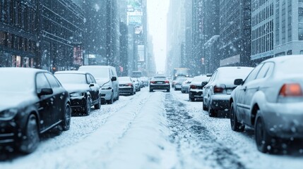 Heavy snowstorm burying a city, cars and streets covered in snow, 3D illustration