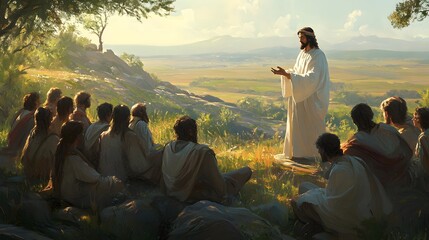Jesus stands on a hill with his disciples. He is pointing to something in front of him while speaking