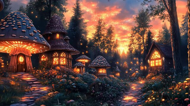 Experience a magical village nestled in the forest, highlighted by glowing mushroom houses and a stunning sunset sky
