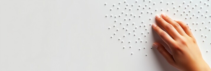An illustration of a person with visual impairment using their fingers to read Braille text, emphasizing accessibility and inclusion for those with vision challenges