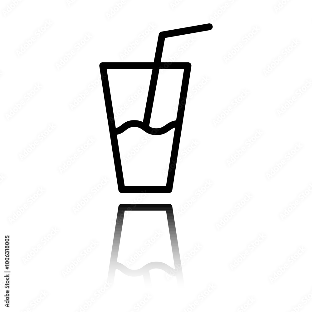 Poster glass with straw simple icon vector. flat design. black icon with mirror reflection. white backgroun