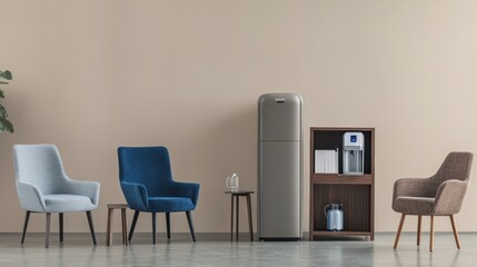 Modern Office Lounge with Water Dispenser and Refrigerator