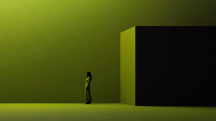 Obraz premium A minimalist scene with a woman in green dress standing in a spacious, green room beside an oversized dark cube, emphasizing solitude and geometric aesthetics.