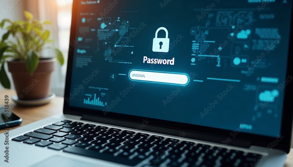 Poster cybersecurity concept: login screen with password field and lock icon