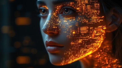 A woman's face with glowing circuit board patterns superimposed over it, against a dark city background.