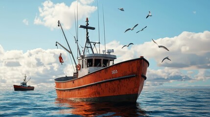 Obraz premium Ocean fishing trawler hauling in a catch, managing marine resources, 3D illustration