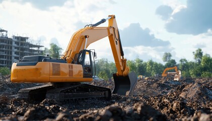 Destruction of wetlands for urban development, heavy machinery clearing the land, 3D illustration