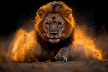 Naklejka premium High speed photography of a running lion. Swirling dust , showcasing detailed motion. 