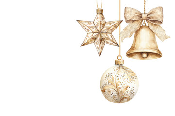 Retro Christmas Bell, Star, Bauble Watercolor Isolated on White Background
