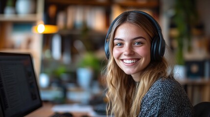 young professional woman working remotely with headphones, actively taking part in a virtual meeting from her home office, enhancing productivity and work connections