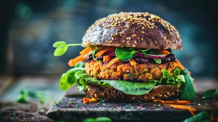 A mouthwatering gourmet veggie burger with fresh greens, crunchy carrots and peppers on a bun.