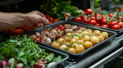 Obraz premium A person is reaching into a tray of vegetables, including tomatoes, potatoes