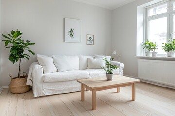Photograph of a modern apartment living room with a combination of Scandinavian interiors and minimalist interiors. Generative AI
