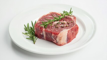 Cut of red meat on plate, seasoned with herbs and salt.