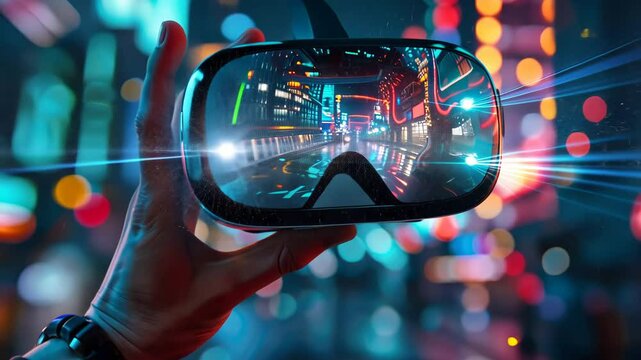 A person experiences the thrill of virtual reality while surrounded by a lively, illuminated city, highlighting modern gaming innovations and excitement